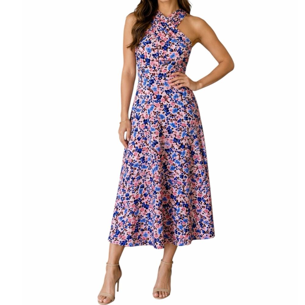 BCBG Paris Pink Blue Floral Halter Neck Midi Dress Women’s Large Romantic A-line